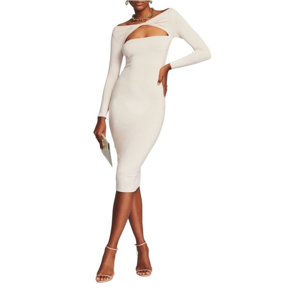 SER.O.YA Cutout Bodycon Modal Pencil Irene Dress Beige Sz L NWOT